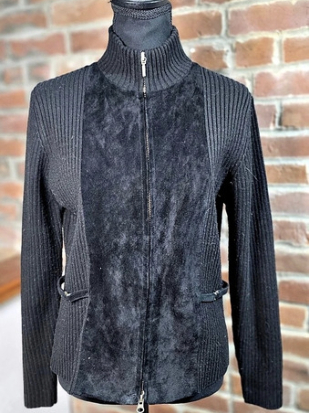 Amanda Smith Vintage Black Leather Suede Ribbed Knit Cardigan Jacket S